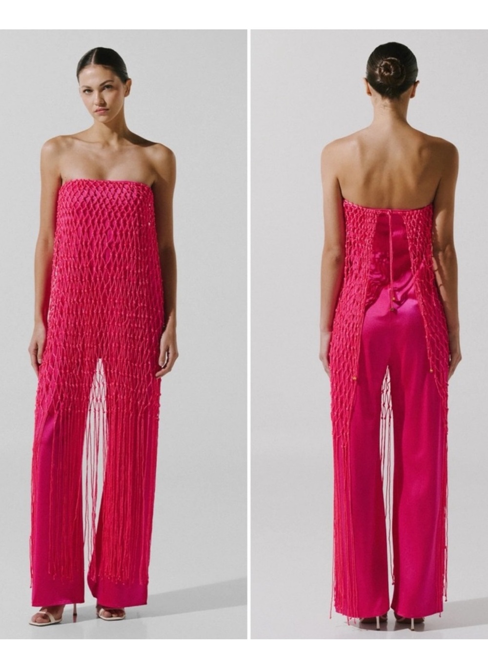 Baobab Collection Strapless Fringe Wide-Leg Jumpsuit in Hot Pink